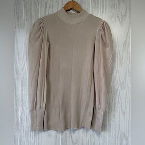 Almost Famous Sheer Sleeve Mock Neck Top Tan Size L NWOT